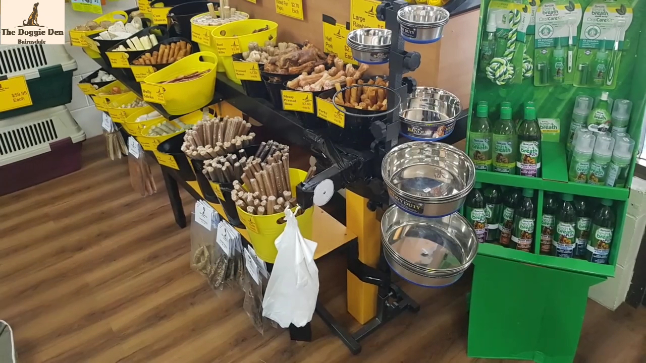Chew buckets, steel bowls and grooming products on display